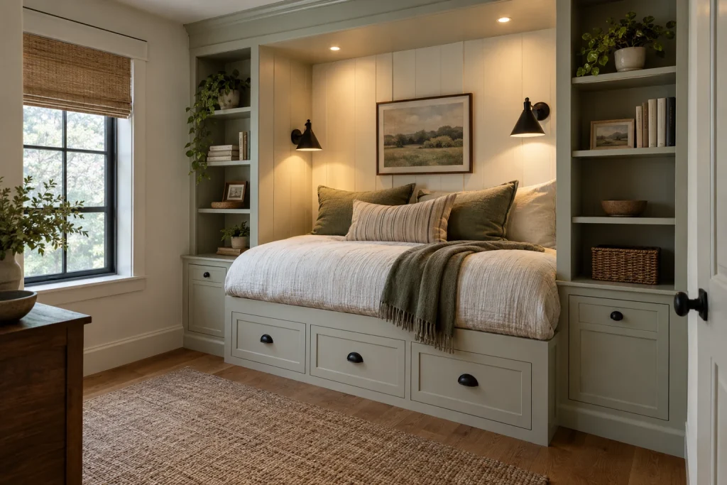 Cozy built-in alcove bed with integrated shelving and task lights, Modern Cottage Alcove bedroom niche interior