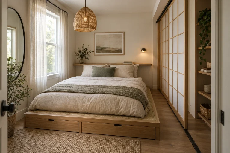 Japanese‑inspired low tatami platform with translucent shoji divider to create depth and diffuse light — low sightlines, under‑platform stor