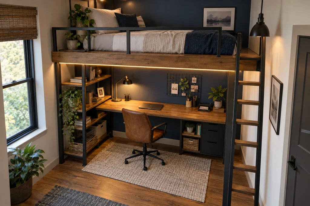 Lofted bed over workspace to double function in a tiny footprint, Industrial-Modern Compact Tiny bedroom/studio with lofted sleeping platform interior