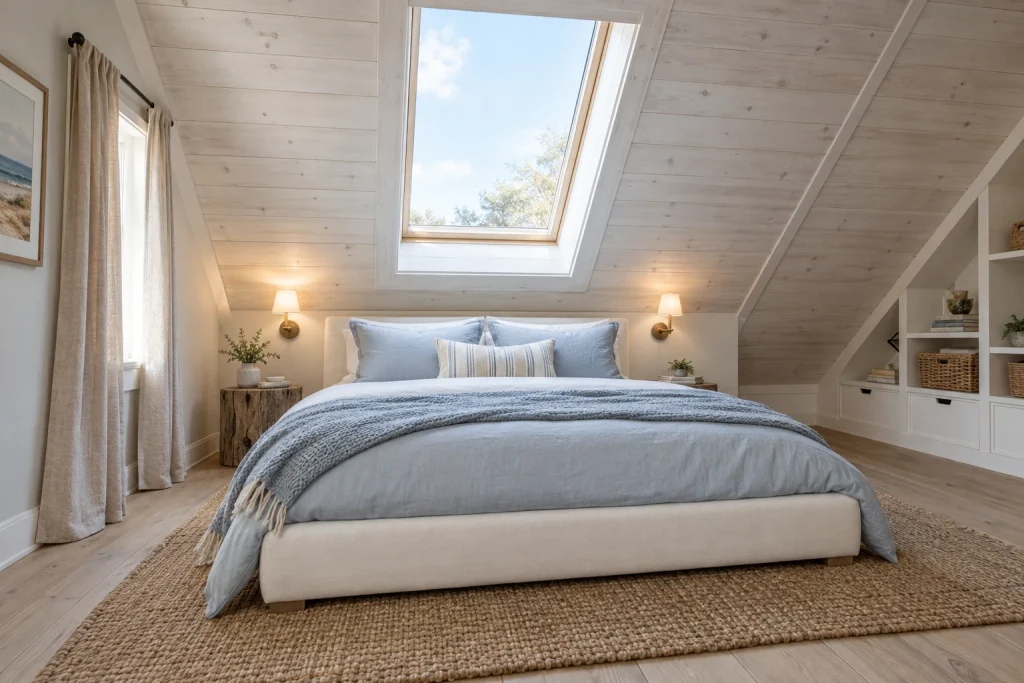 Skylight attic room that feels larger with vertical light and white-washed wood, Coastal Scandinavian Attic bedroom with sloped ceiling and skylight interior