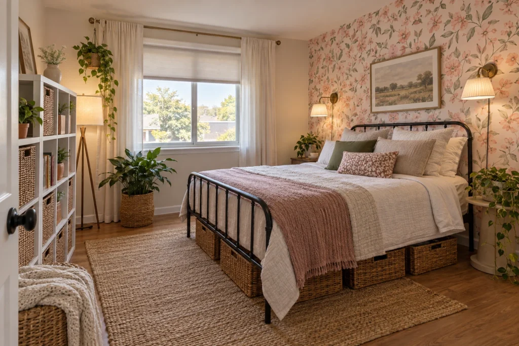 Budget renter-friendly room using peel-and-stick wallpaper, lightweight furniture and baskets, Affordable Eclectic Small renter bedroom interior