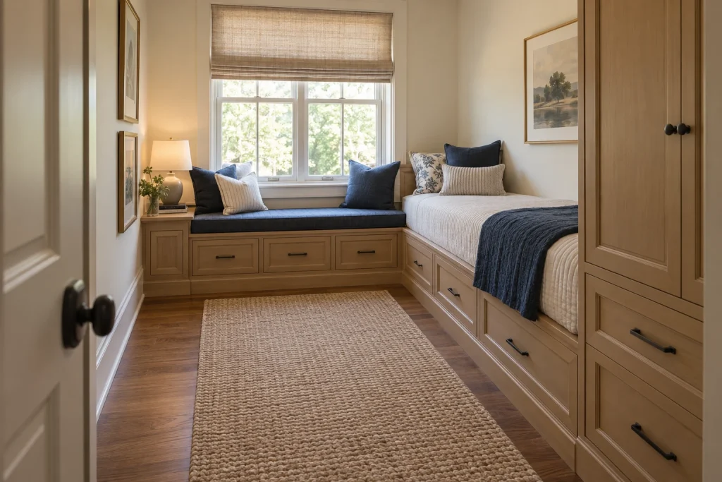 Built-in window bench integrated with single bed to combine seating and storage, Traditional Transitional Narrow small bedroom interior