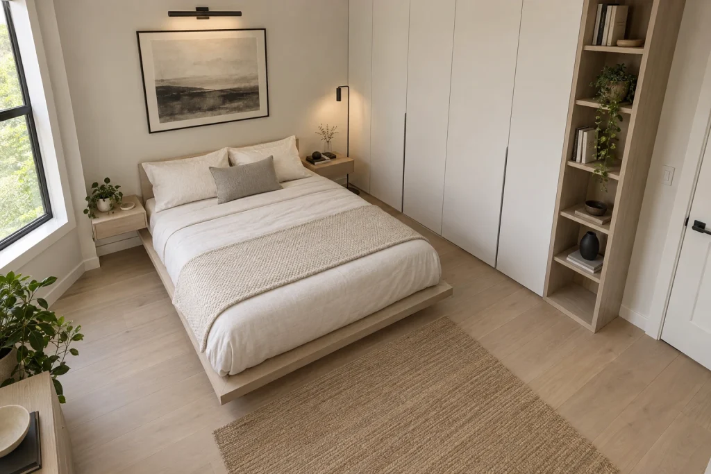 Minimal micro-bedroom that uses vertical shelving and floating furniture to keep floor area open, Modern Minimalist Compact bedroom for one interior