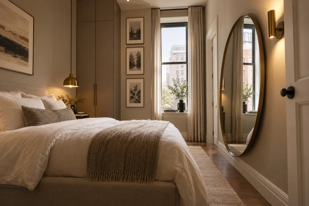 Vertical-focus design using tall wardrobe, gallery wall and mirror to draw the eye up and out, Contemporary Urban Small bedroom in an apartment interior