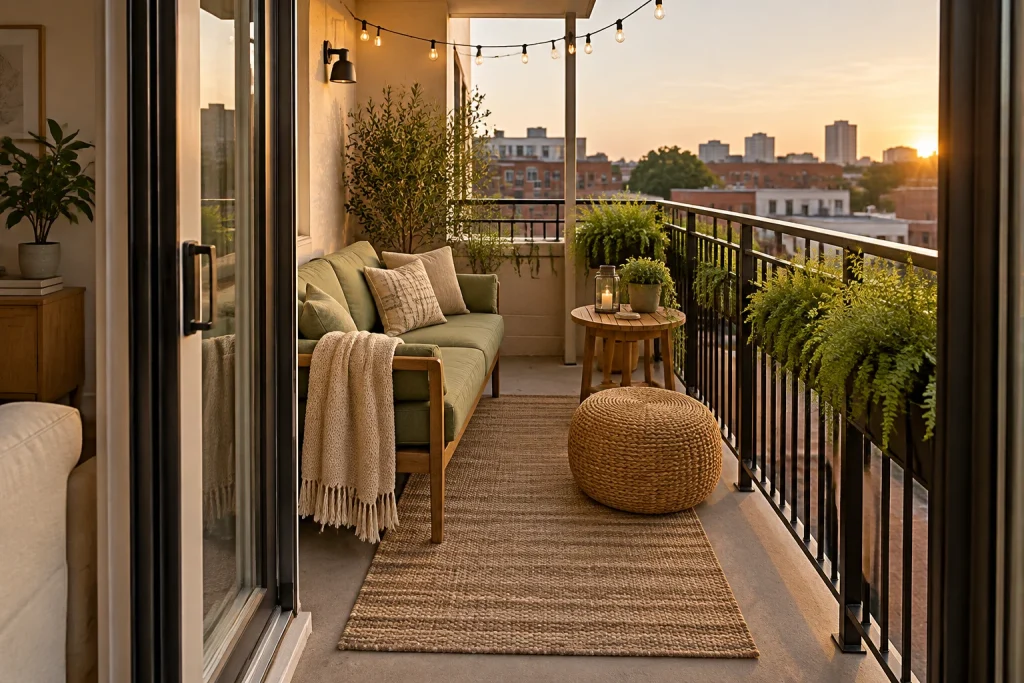 Narrow lounge for two — maximize seating on a slim balcony, Modern organic Narrow apartment balcony (approx. 4 ft x 10 ft) interior