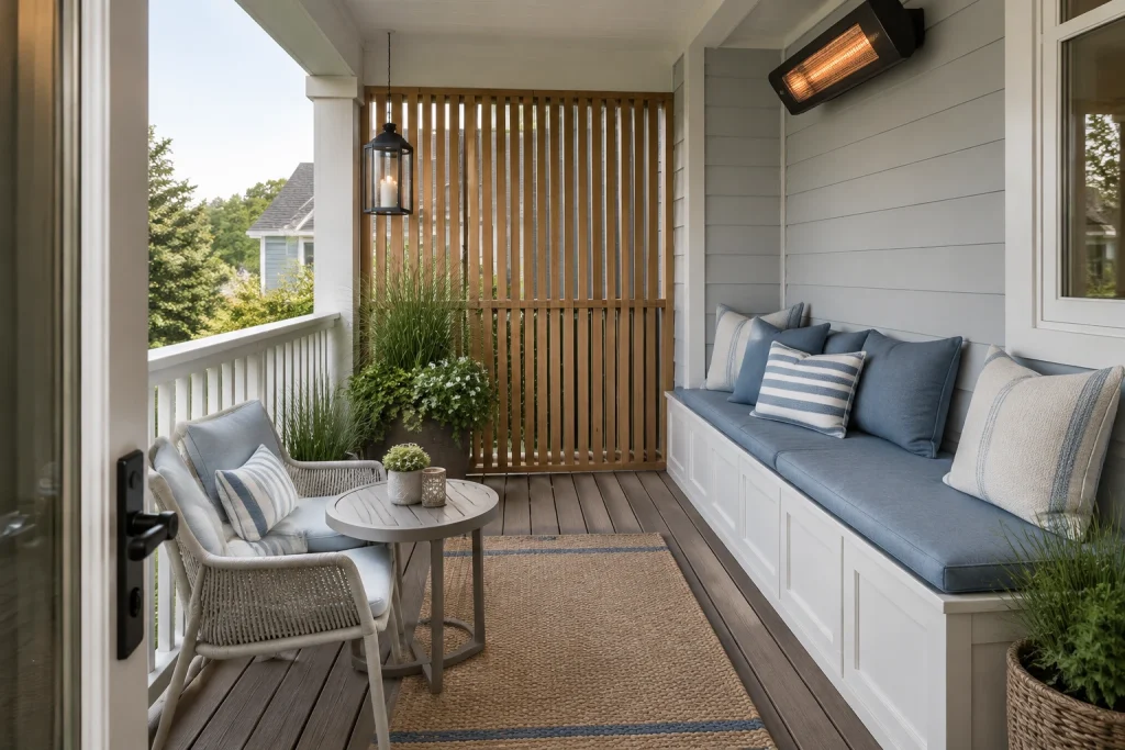 Covered all-weather balcony with built-in storage bench, Coastal modern Covered balcony/porch (approx. 8 ft x 6 ft) with overhead roof interior