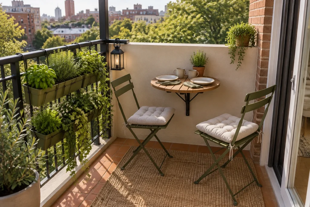 Corner bistro with vertical garden — renter-friendly dining, European bistro meets urban garden Small corner balcony (approx. 5 ft x 7 ft) with partial railing interior