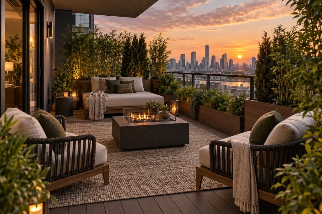 Deep balcony lounge with portable fire table and privacy planting, Modern organic lounge Deep balcony/terrace (approx. 10 ft x 8 ft) with skyline view interior