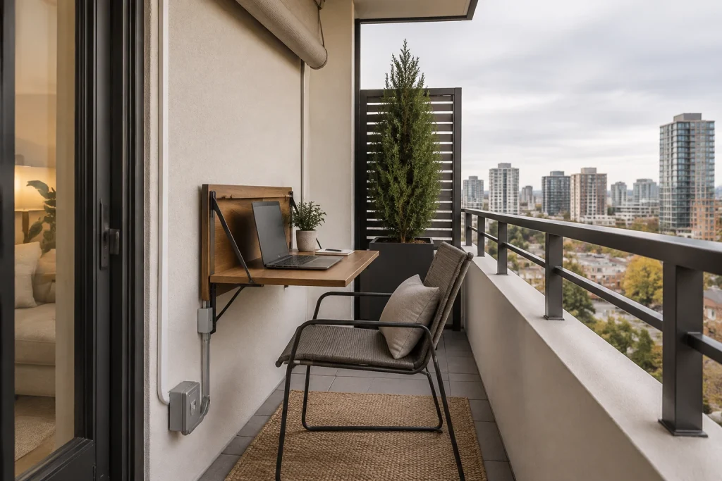 Outdoor workspace for small balconies, Minimal contemporary Narrow balcony converted to home office (approx. 3.5 ft x 9 ft) interior