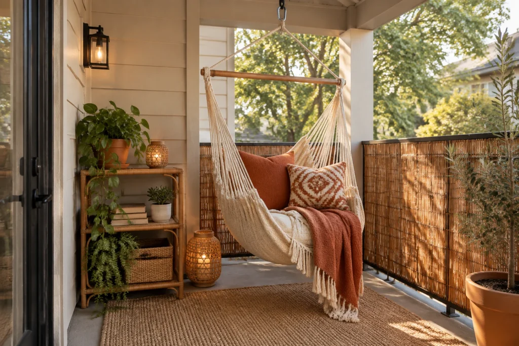 Hammock and layered textiles for a boho relaxation nook, Bohemian cozy Small covered balcony (approx. 6 ft x 6 ft) with overhead beam interior