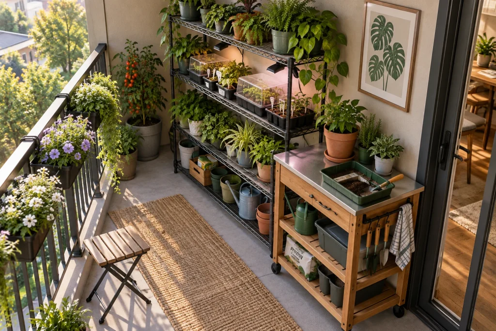 Compact plant nursery — shelving, drip trays and grow lights, Urban greenhouse Balcony used for gardening (approx. 5 ft x 7 ft) with rail exposure interior