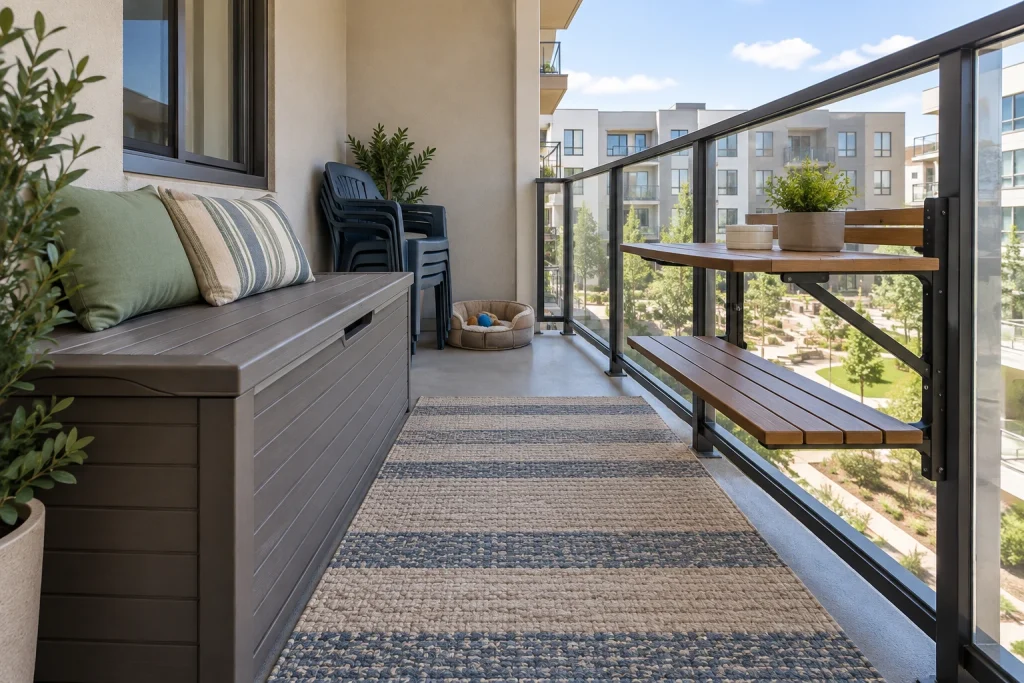 Multifunctional family balcony with hidden toy storage and washable surfaces, Casual family-friendly Medium balcony (approx. 9 ft x 6 ft) interior