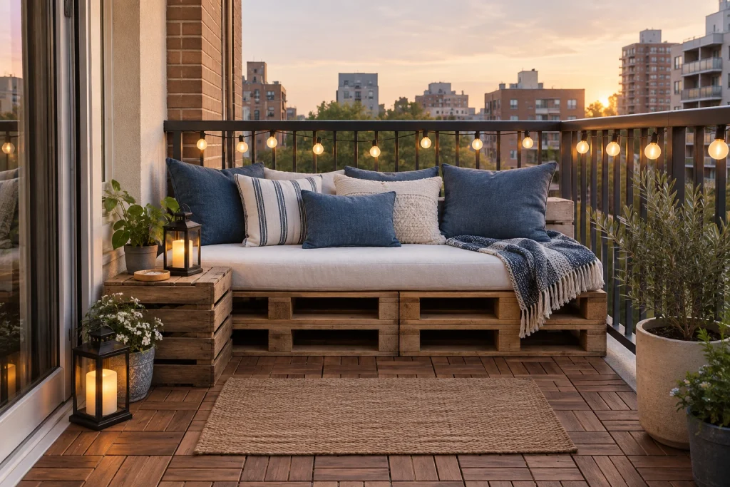 Budget DIY pallet daybed and removable deck tiles — renter-friendly refresh, Eclectic DIY Small balcony (approx. 6 ft x 8 ft) interior