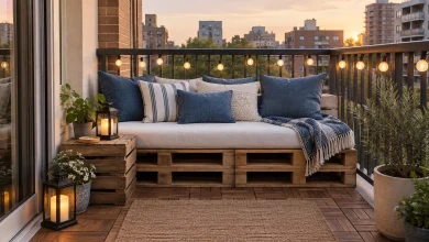 Budget DIY pallet daybed and removable deck tiles — renter-friendly refresh, Eclectic DIY Small balcony (approx. 6 ft x 8 ft) interior