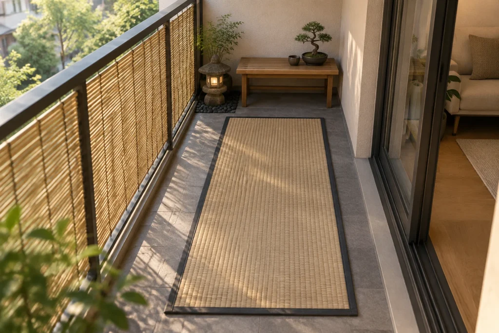 Minimal Japanese-inspired meditation and yoga balcony, Japandi minimal Long narrow balcony (approx. 3.5 ft x 10 ft) suited for movement interior