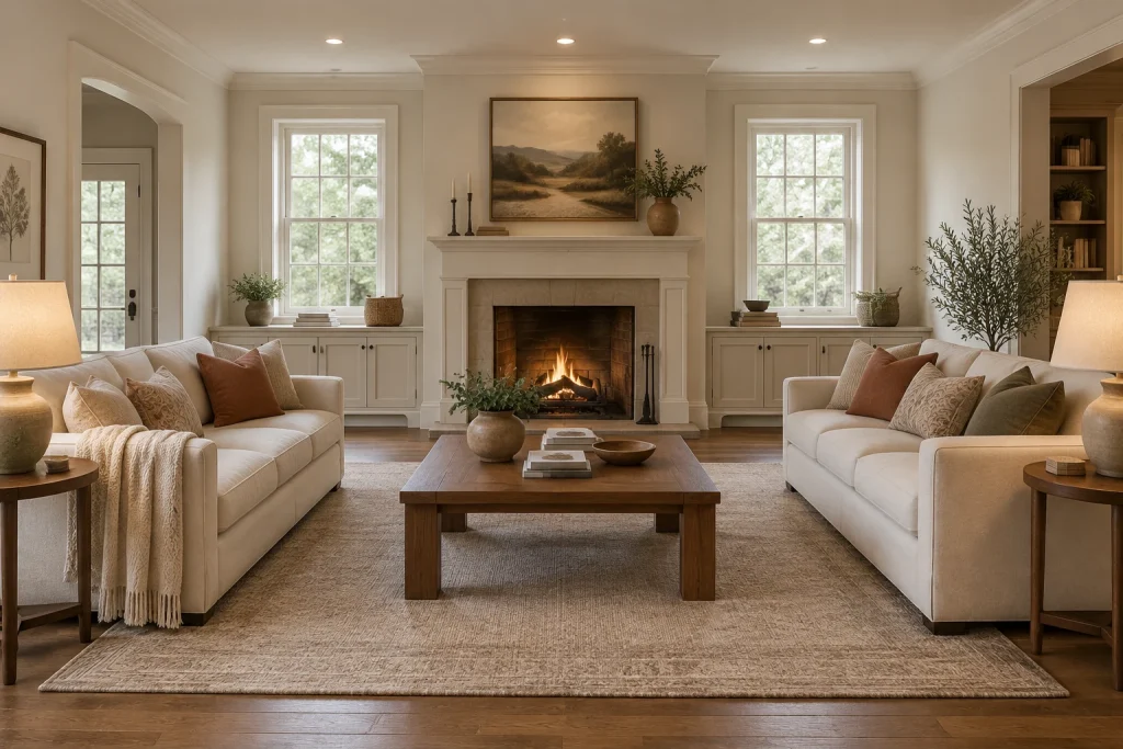 Fireplace-Centered Hearth, Transitional classic with warm wood accents living-room-family interior