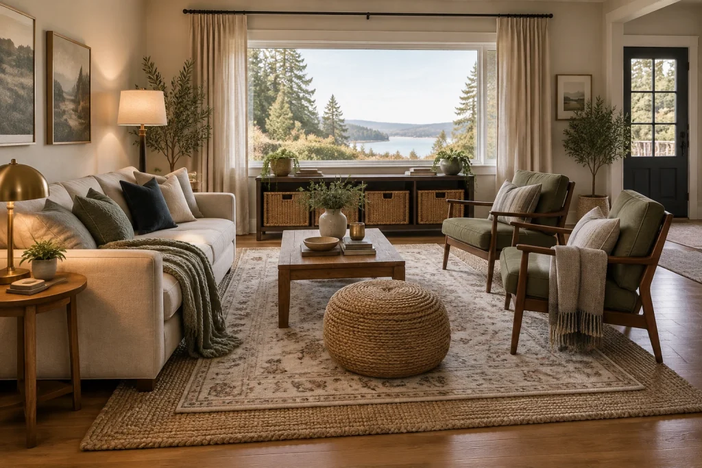 Layered Textiles, Modern cottage with textural mixes living-room-family interior