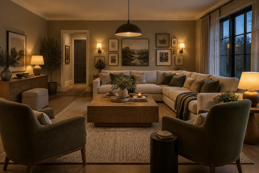 Warm Layered Lighting, Modern organic with moody evening warmth living-room-family interior