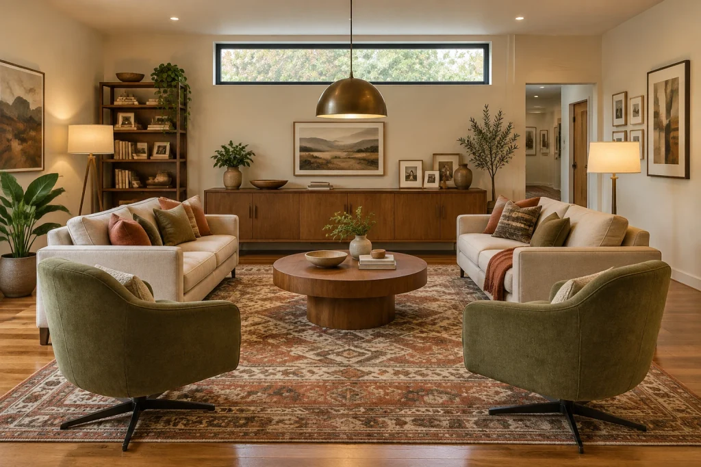 Conversation-First Layout, Midcentury modern with approachable warmth living-room-family interior