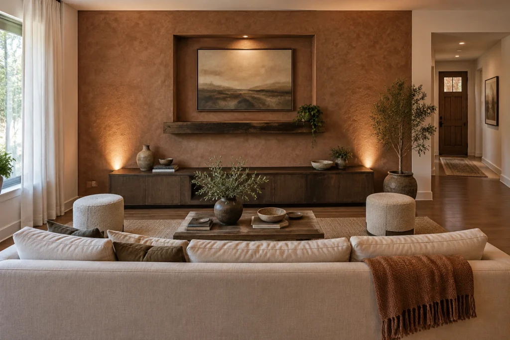 Textured Wall Focus, Rustic-modern with tactile surfaces living-room-family interior