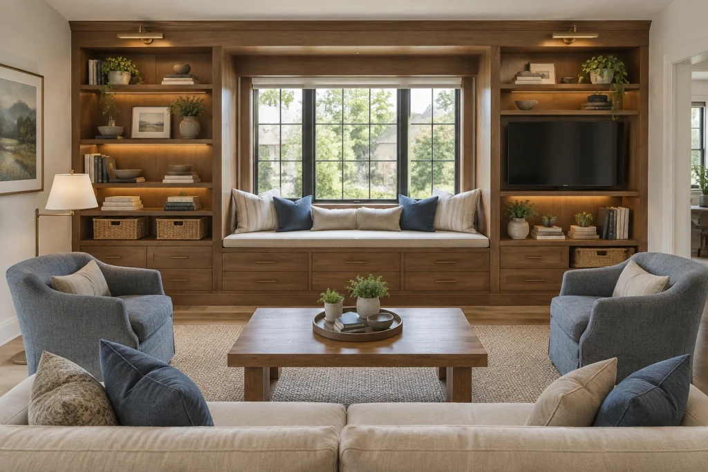 Built-In Warm Woodwall, Contemporary craftsman with integrated joinery living-room-family interior