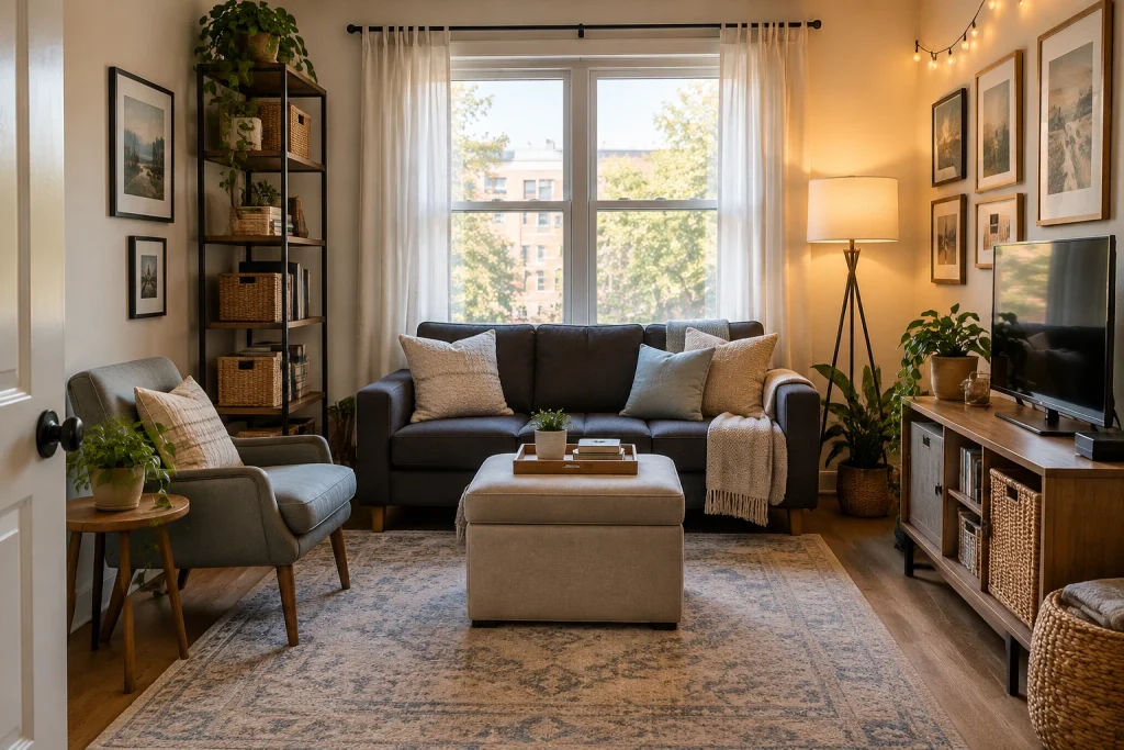 Intimate Small-Space Coziness, Renter-friendly compact comfort living-room-family interior