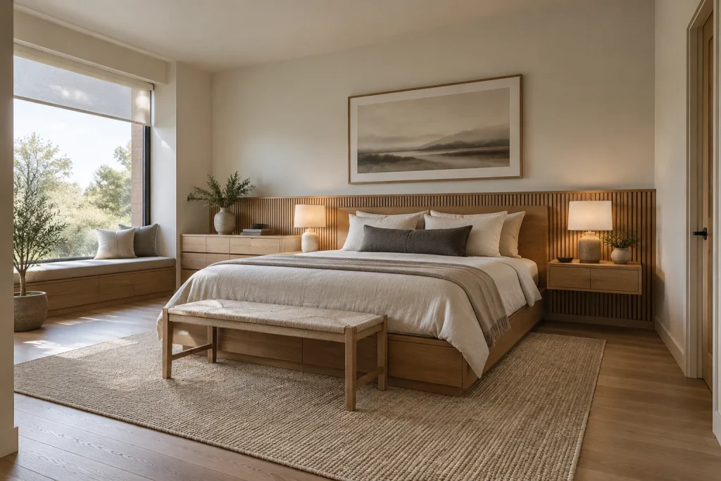 Low oak platform bed with horizontal slat focal, Japandi — Scandinavian warmth + Japanese restraint bedroom-family interior