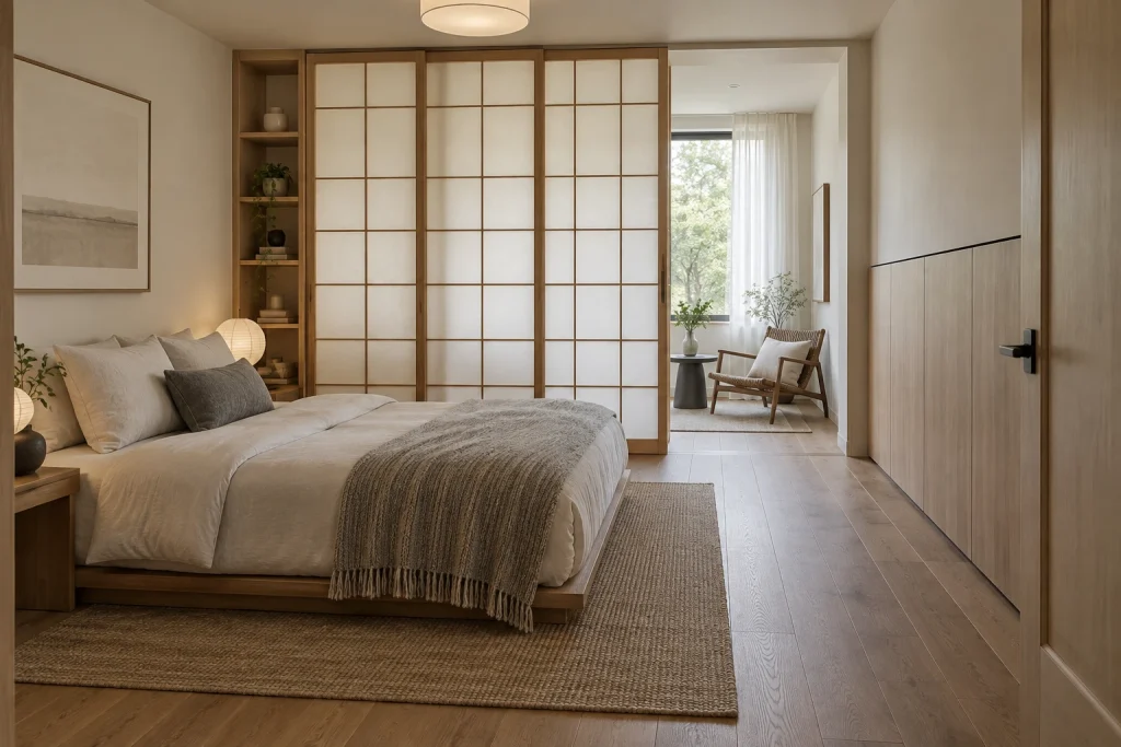 Shoji-inspired sliding screen dividing sleeping and sitting nook, Japandi with Japanese partitioning and Scandinavian materials bedroom-family interior