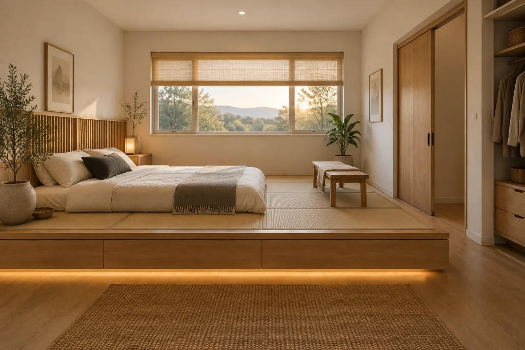 Tatami-adjacent raised platform with integrated drawers, Japandi with tatami influence and Scandinavian simplicity bedroom-family interior