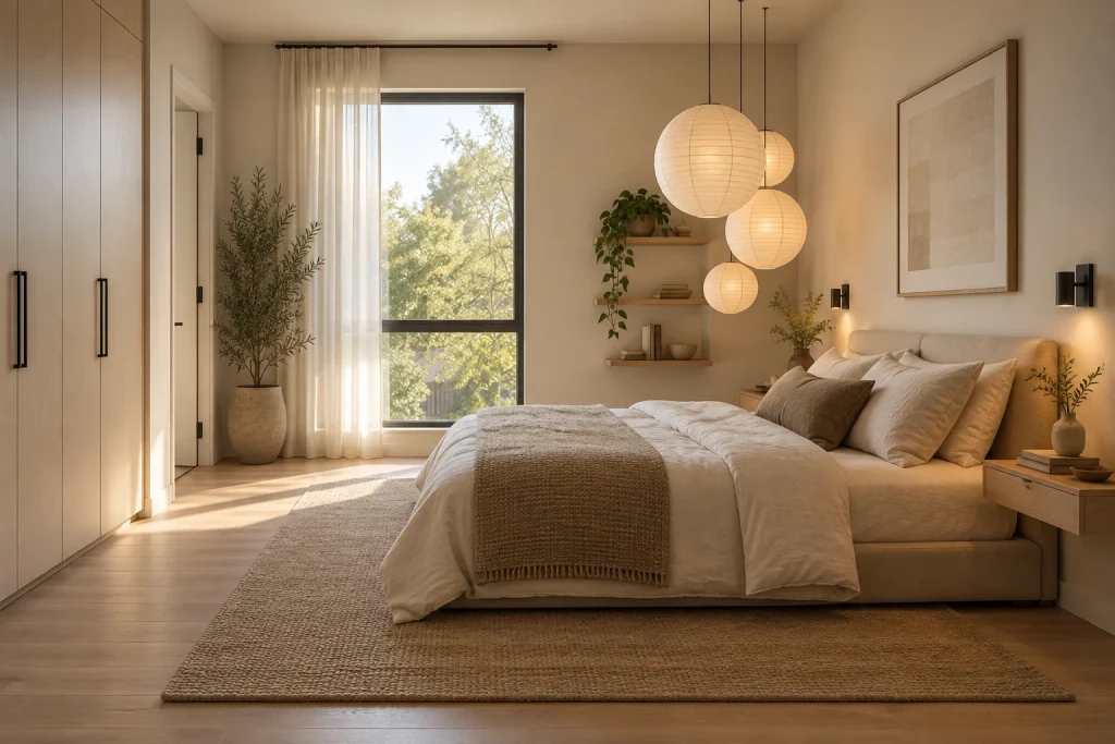 Paper lighting cluster and soft ambient layering, Japandi with paper lanterns and warm Scandinavian layering bedroom-family interior