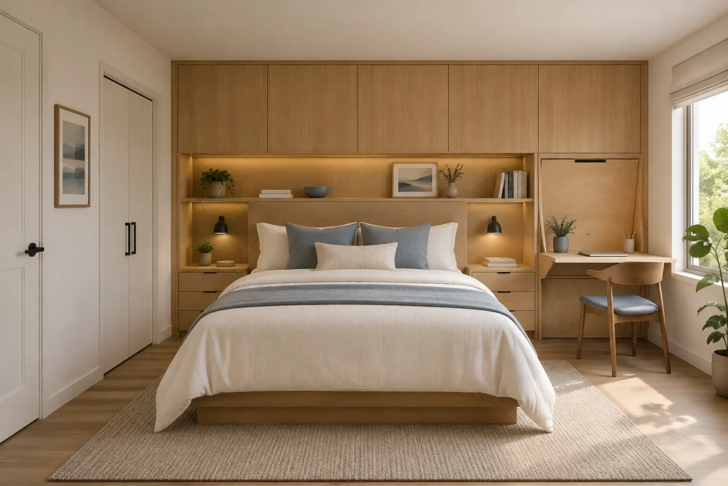 Integrated headboard storage and fold-down workspace, Functional Japandi for multi-use bedrooms bedroom-family interior