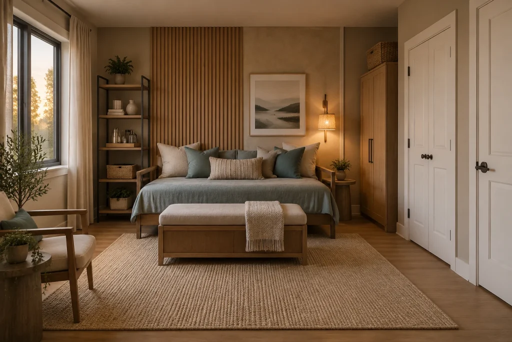 Guest-ready flexible bedroom with daybed and warm layering, Japandi blending hospitality and restraint bedroom-family interior