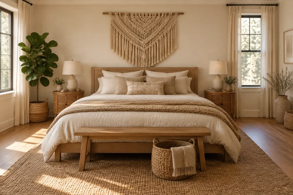 Neutral layered boho with macramé and natural oak, Modern boho Primary bedroom (standard ceiling, two windows) interior