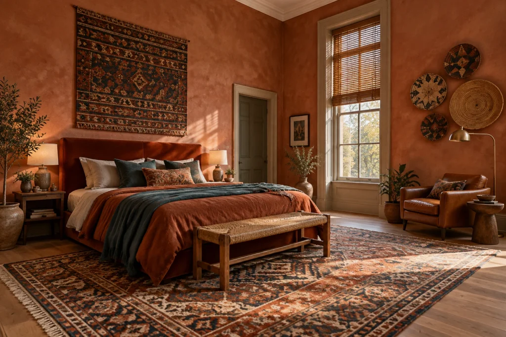 Moody terracotta boho with velvet and kilim, Boho eclectic Primary bedroom with tall ceilings interior