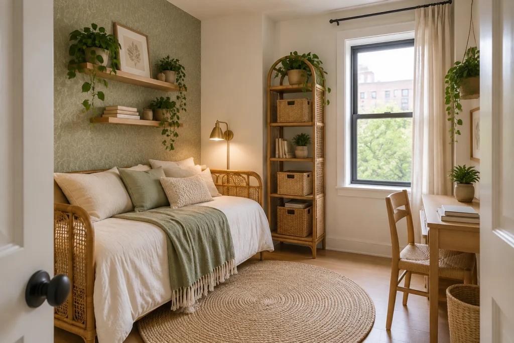 Renter-friendly small apartment boho, Casual urban boho Small city bedroom / studio alcove interior