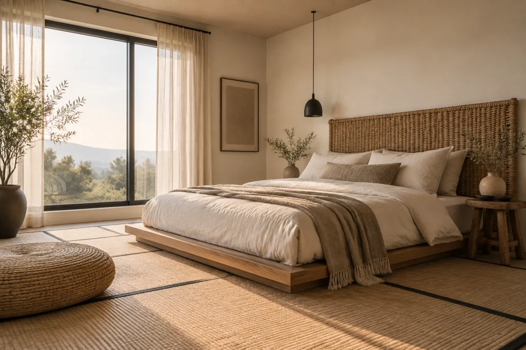 Japandi-meets-boho low-profile calm, Japandi boho hybrid Primary bedroom with large window interior