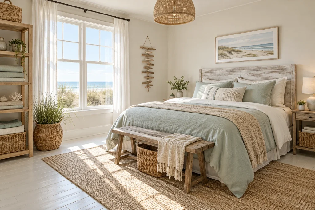 Coastal boho: airy, layered linens and driftwood, Coastal boho Beach house guest bedroom interior