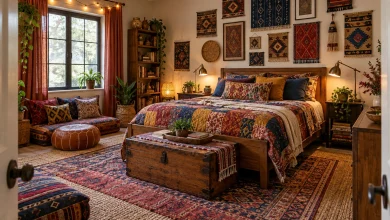 Maximal layered boho with global textiles, Eclectic boho-maximalist Guest or teen bedroom with flexible seating interior