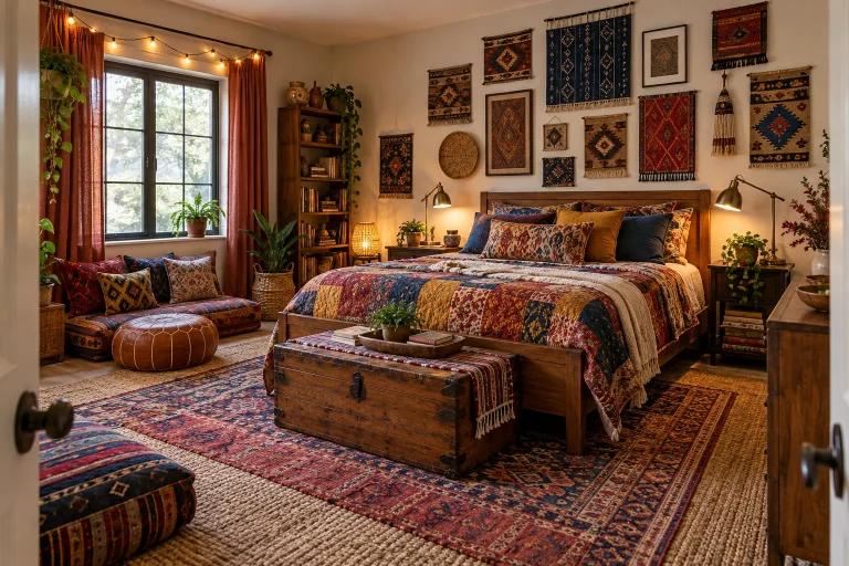 Maximal layered boho with global textiles, Eclectic boho-maximalist Guest or teen bedroom with flexible seating interior