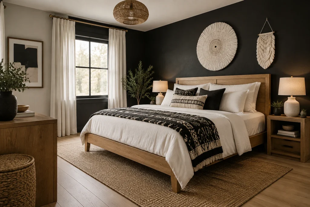 High-contrast black-and-white textured boho, Modern boho with graphic contrast Primary bedroom with bold paint choices interior