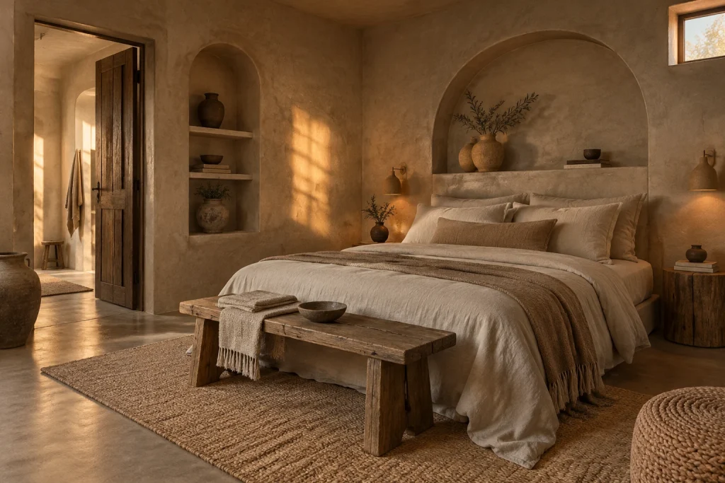 Wabi-sabi organic boho with clay plaster, Organic boho / wabi-sabi Primary bedroom with intimate scale interior