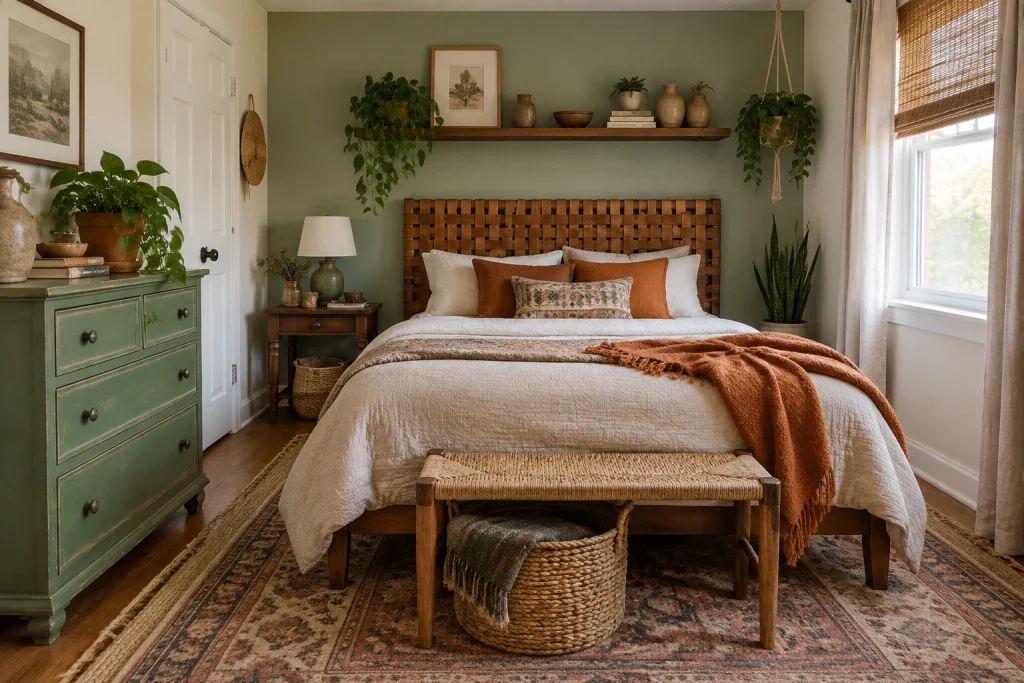 Budgeted thrift-and-upcycle boho bedroom, Boho DIY / budget Spare bedroom retrofitted interior
