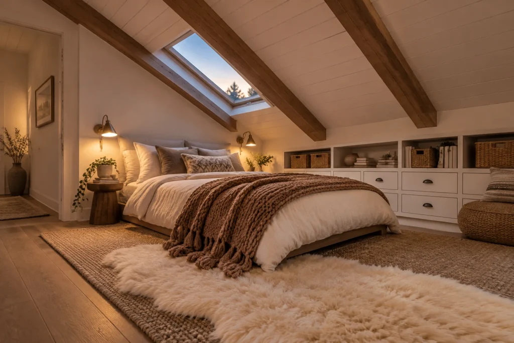 Cozy sloped-ceiling boho loft nook, Rustic boho Attic/loft bedroom with low sloped ceiling interior