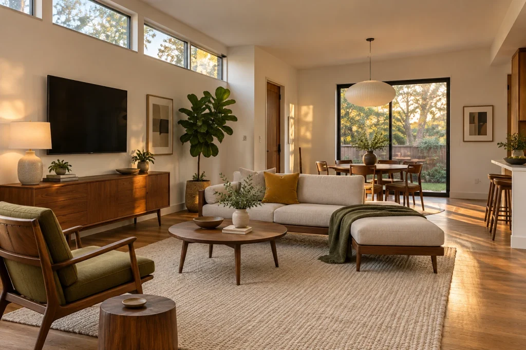 Mid-century low-slung sectional anchoring an open-plan living room, Mid-century modern Open-plan living/dining interior