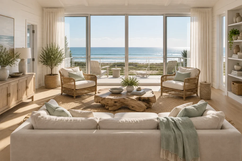 Coastal breezy low-slung seating oriented to water views, Coastal modern Seaside living room / sunroom interior
