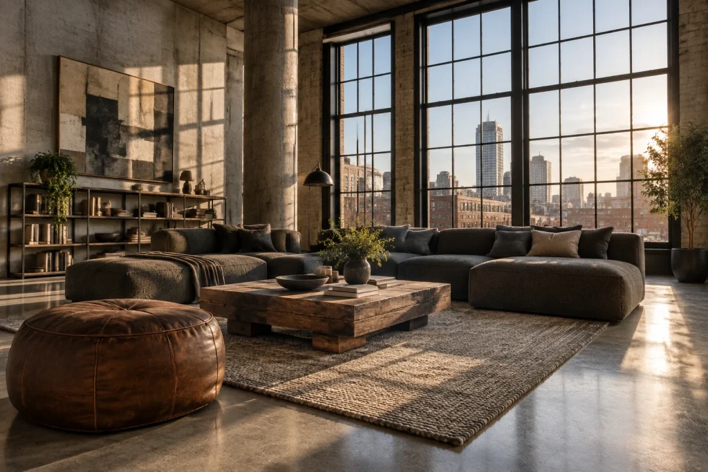 Industrial loft with deep, low profile modular seating, Urban industrial Loft living room interior