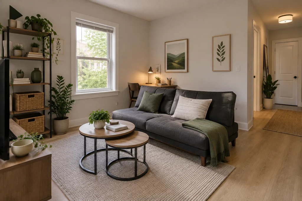 Renter-friendly compact low-slung layout with flexible storage, Modern casual / budget-smart Small apartment living room interior