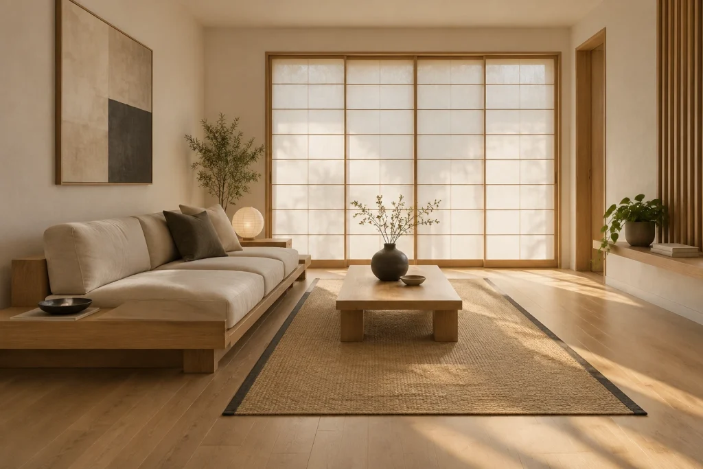 Japandi-inspired low platform seating for calm minimalism, Japandi / minimal Quiet living room / meditation nook interior