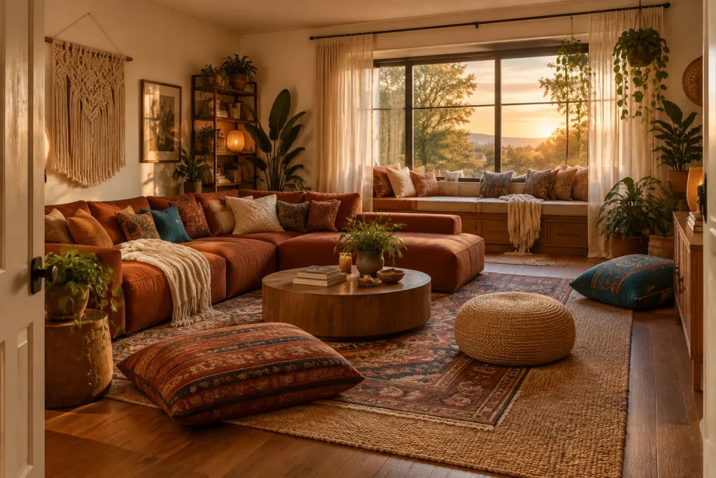Bohemian low-slung lounge with layered floor seating, Eclectic boho Casual living room / reading lounge interior