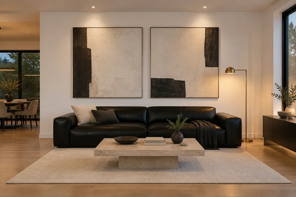 High-contrast modern layout using a low black sofa as sculptural anchor, Contemporary minimalist Gallery-style living room interior